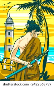 samurai girl illustration with awesome beach background