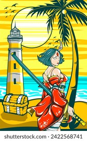 samurai girl illustration with awesome beach background