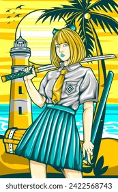 samurai girl illustration with awesome beach background