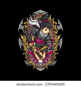 samurai girl illustration for t shirt design