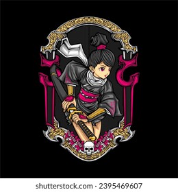 samurai girl illustration for t shirt design