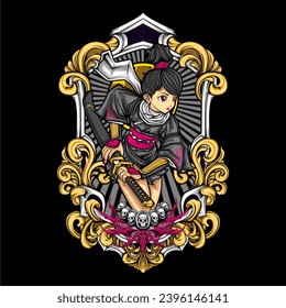 samurai girl illustration for t shirt design