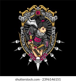 samurai girl illustration for t shirt design