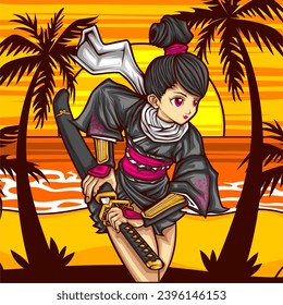 samurai girl illustration for t shirt design