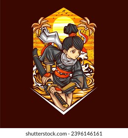 samurai girl illustration for t shirt design