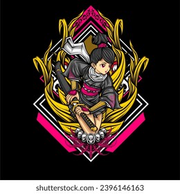 samurai girl illustration for t shirt design