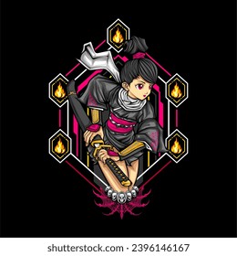 samurai girl illustration for t shirt design