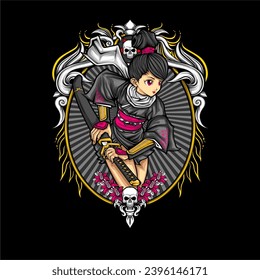 samurai girl illustration for t shirt design