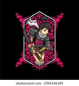 samurai girl illustration for t shirt design