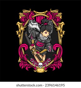 samurai girl illustration for t shirt design