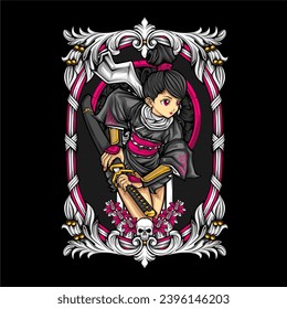 samurai girl illustration for t shirt design