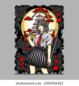 samurai girl illustration for t shirt design