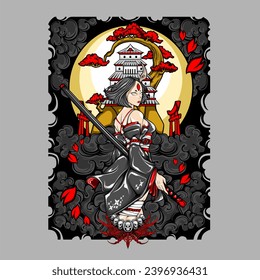samurai girl illustration for t shirt design