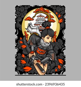 samurai girl illustration for t shirt design