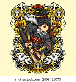 samurai girl illustration for t shirt design