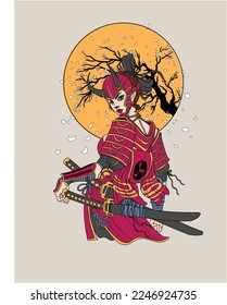 Samurai Girl illustration for t-shirt design