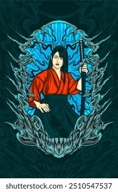 ilustração de menina samurai para design de camiseta