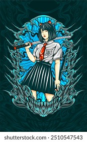 ilustração de menina samurai para design de camiseta