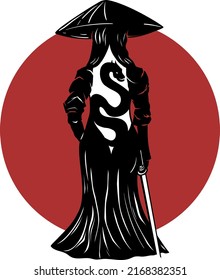 Samurai girl in Japanese armor with a katana on her shoulder, standing in profile against the red sun. 2D illustration.