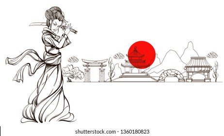 Samurai girl on the background of the Japanese city. Linear style.