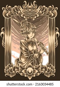 samurai girl on engraving frame illustration