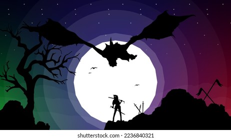 samurai girl versus dragon illustration. Woman Warrior Under Moon Night and Dark Day. samurai girl anime wallpaper. fight with sword. fantasy wallpaper with mythological animal.