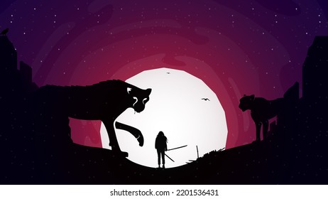 samurai girl versus tiger monster illustration. fighting female samurai background. female samurai holding sword to attack. Woman Warrior Under Moon Night and Dark Day. Female Japanese warrior.