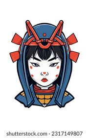 Samurai GIRL wearing armor hand drawn logo design illustration