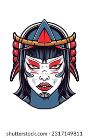 Samurai GIRL wearing armor hand drawn logo design illustration