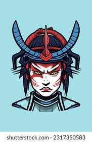 Samurai girl wearing armor hand-drawn logo design, combining undead horror with ancient warrior spirit