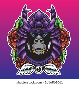 samurai gorilla red roses cartoon vector illustration