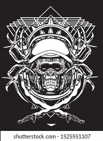 samurai gorilla robot black and white with sacred geometry background for tshirt design