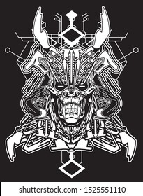 samurai gorilla robot black and white with sacred geometry background for tshirt design