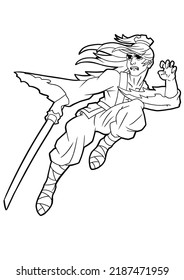 A samurai guy in a jump holds a katana in his hand his long hair flutters in the wind.drawn in a cartoon style of japanese comics anime and manga outline drawing coloring book