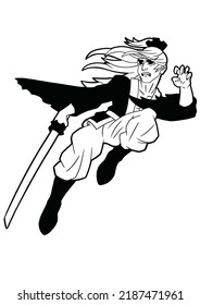 A samurai guy in a jump holds a katana in his hand his long hair flutters in the wind.drawn in a cartoon style of japanese comics anime and manga outline drawing coloring book with shadows