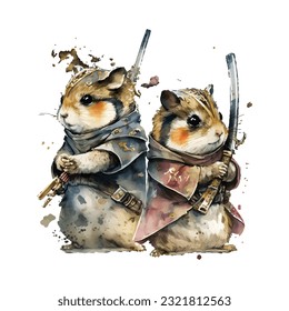 Samurai Hamsters Portrait Traditional Japanese | Transparent 300dpi digital tshirt POD, EPS, vector, clipart, book cover, wallart, ready to print, Print-on-Demand, colorful, no background, beauty