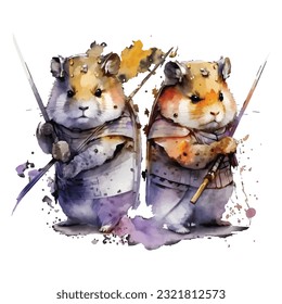 Samurai Hamsters Portrait Traditional Japanese | Transparent 300dpi digital tshirt POD, EPS, vector, clipart, book cover, wallart, ready to print, Print-on-Demand, colorful, no background, beauty