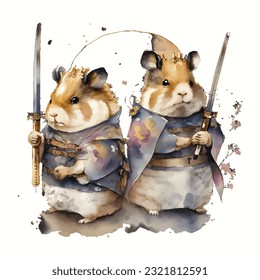 Samurai Hamsters Portrait Traditional Japanese | Transparent 300dpi digital tshirt POD, EPS, vector, clipart, book cover, wallart, ready to print, Print-on-Demand, colorful, no background, beauty