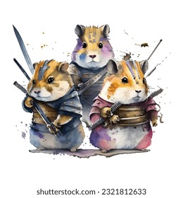 Samurai Hamsters Portrait Traditional Japanese | Transparent 300dpi digital tshirt POD, EPS, vector, clipart, book cover, wallart, ready to print, Print-on-Demand, colorful, no background, beauty