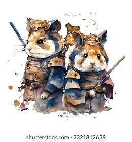 Samurai Hamsters Portrait Traditional Japanese | Transparent 300dpi digital tshirt POD, EPS, vector, clipart, book cover, wallart, ready to print, Print-on-Demand, colorful, no background, beauty