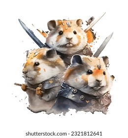 Samurai Hamsters Portrait Traditional Japanese | Transparent 300dpi digital tshirt POD, EPS, vector, clipart, book cover, wallart, ready to print, Print-on-Demand, colorful, no background, beauty