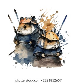 Samurai Hamsters Portrait Traditional Japanese | Transparent 300dpi digital tshirt POD, EPS, vector, clipart, book cover, wallart, ready to print, Print-on-Demand, colorful, no background, beauty