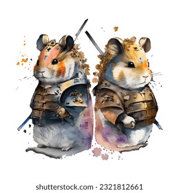 Samurai Hamsters Portrait Traditional Japanese | Transparent 300dpi digital tshirt POD, EPS, vector, clipart, book cover, wallart, ready to print, Print-on-Demand, colorful, no background, beauty