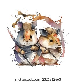 Samurai Hamsters Portrait Traditional Japanese | Transparent 300dpi digital tshirt POD, EPS, vector, clipart, book cover, wallart, ready to print, Print-on-Demand, colorful, no background, beauty