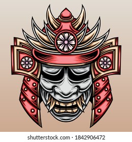 Samurai with hannya mask. Premium vector