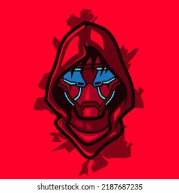 Samurai head cyberpunk logo vector fiction with red design illustration.