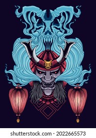 samurai head with devil smoke