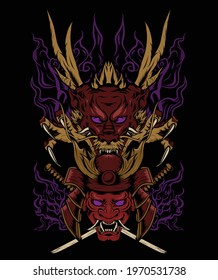 Samurai head with Dragon Artwork Illustration,can be used for mascot, logo, apparel and more.Editable Design