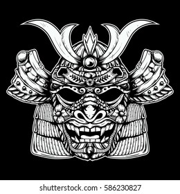 samurai head with dragon skull mask drawing sketch black and white