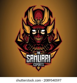 samurai head e sport mascot with scary helmet, this cool and fierce image is suitable for esport team logos or for sword martrial art club logo, can be used t-shirt or merchandise design